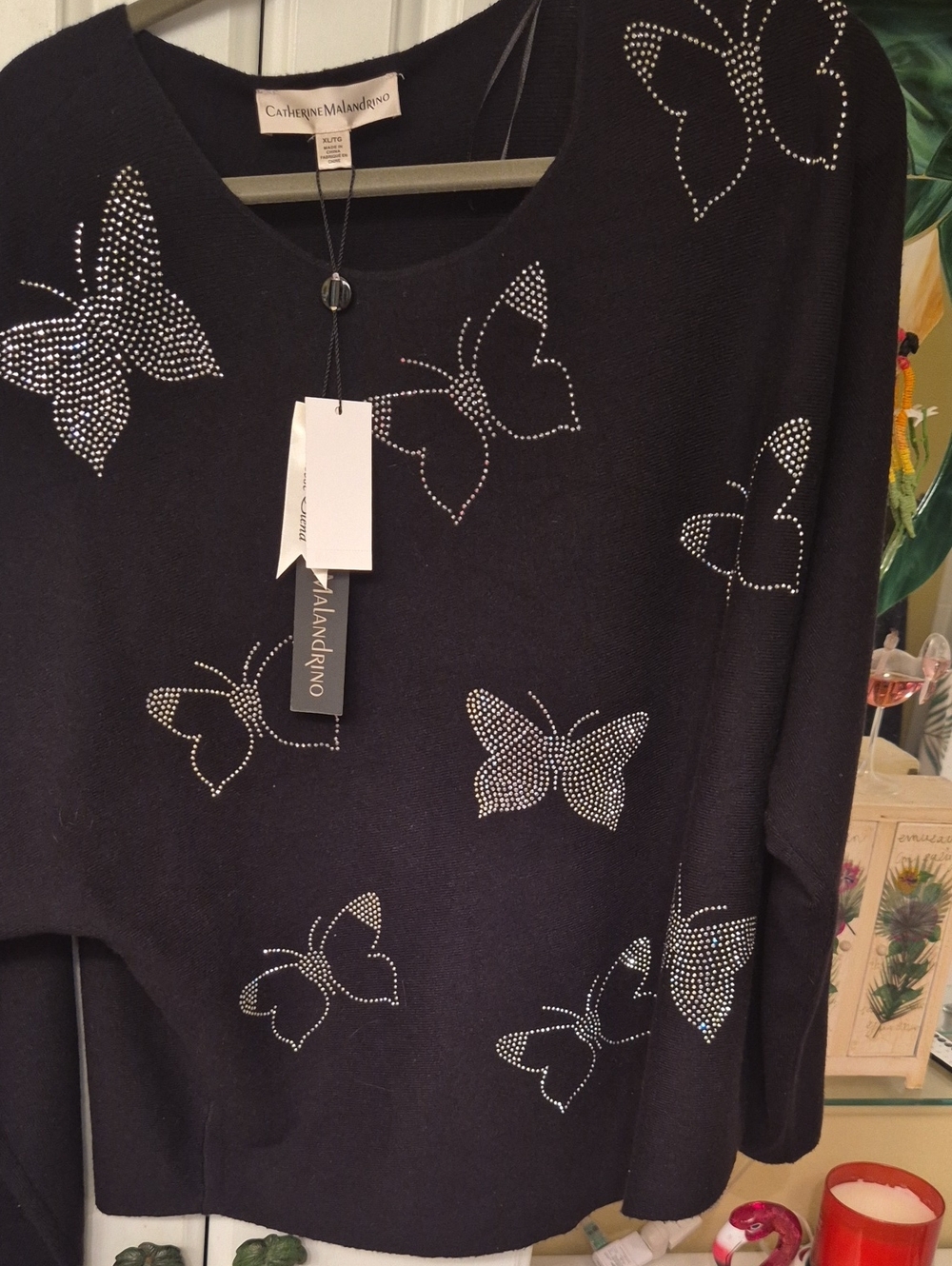 Catherine Malandrino Black Sweater with Crystal Butterfly Accents